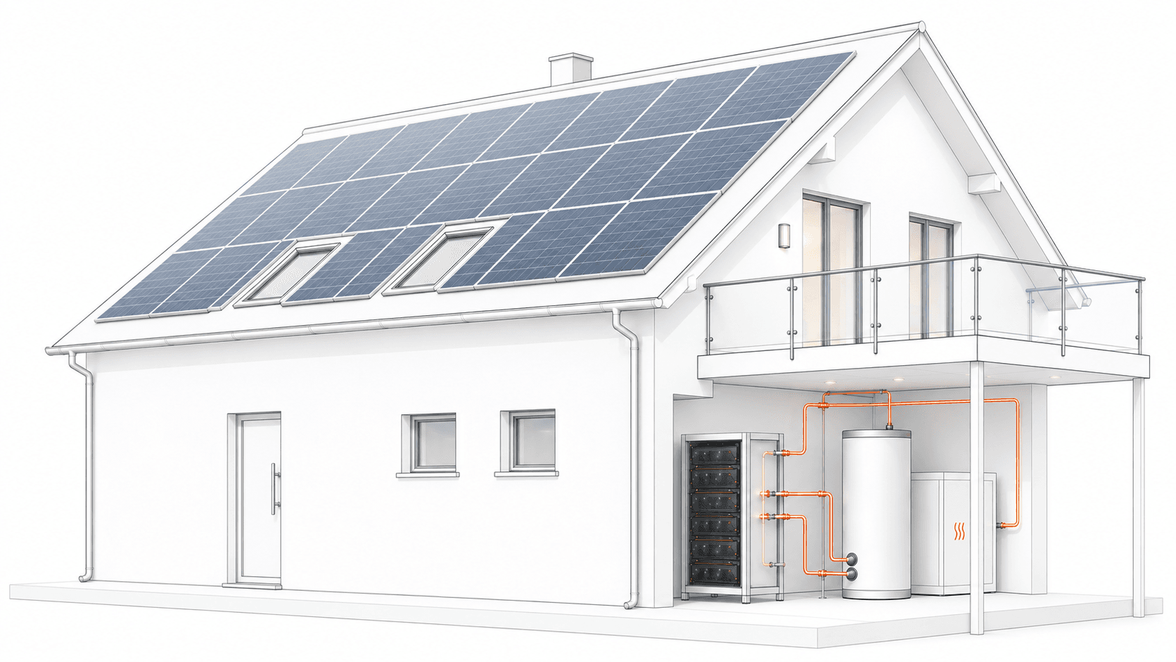 Schnittdarstellung des Green Mining House: wassergekühlte Miner, Pufferspeicher und Wärmeübertrager sind über orange Leitungen mit dem Heizsystem des Hauses verbunden.