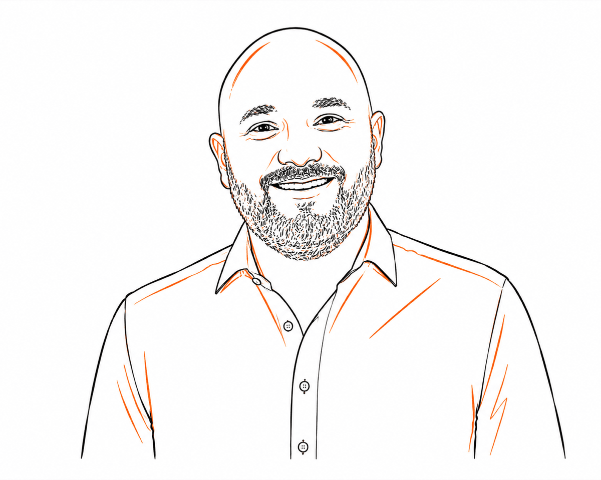 Handzeichnung von Andreas Krall: Portrait in feiner schwarzer Linie mit orangefarbenen Akzenten.